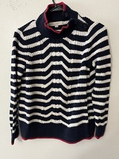 LOFT Women  s Mock Neck Button Drop Cable Knit Navy White Sweater Sz Small