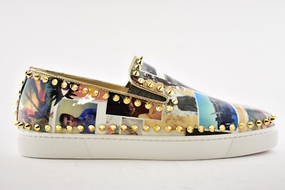 Christian Louboutin Pik Boat Patent Collage Black Gold Spike Flat
