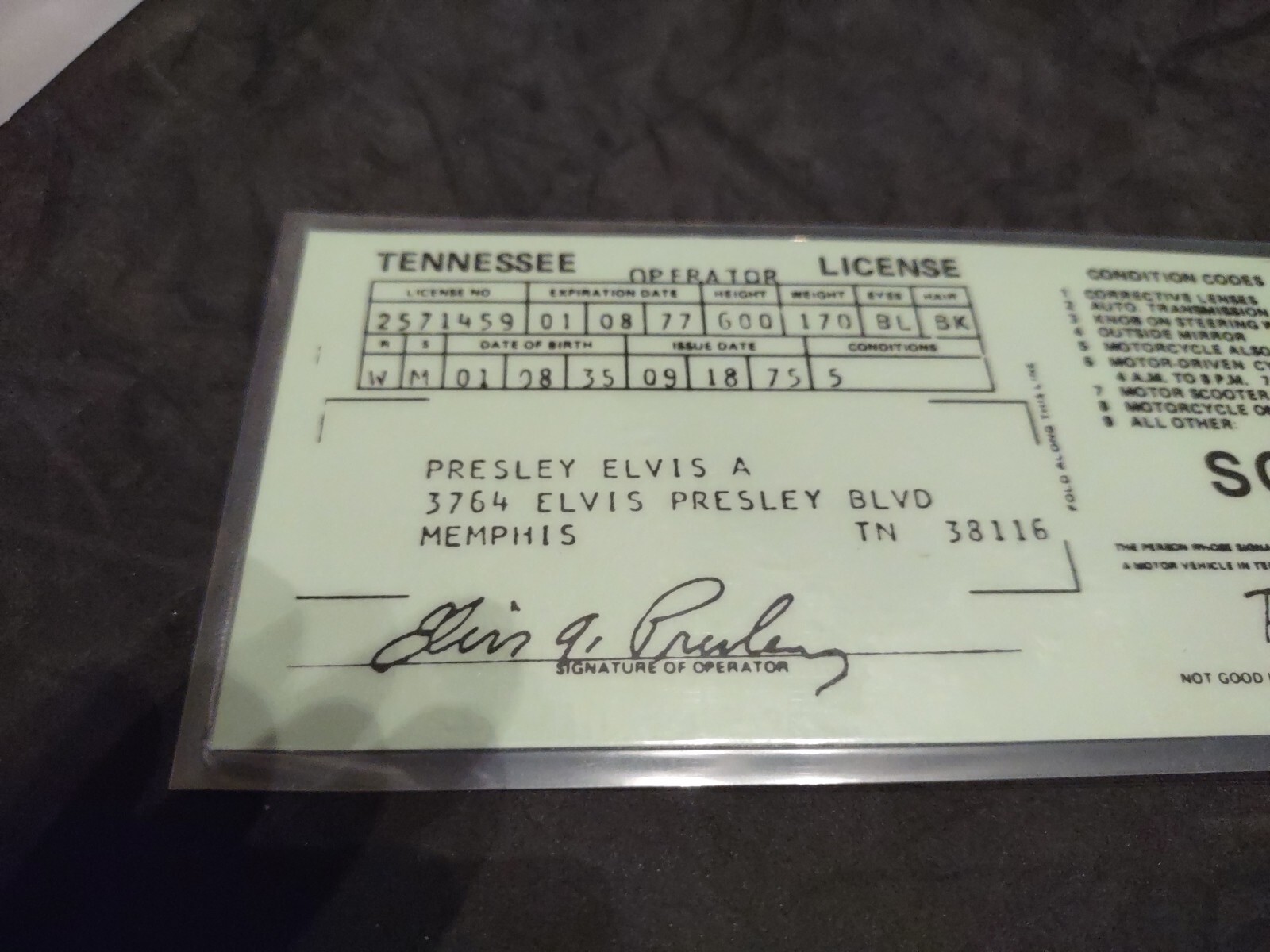 VINTAGE 197578 'TENNESSEE Operator LICENSE' Souvenir ELVIS A. PRESLEY