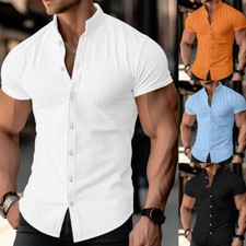 Men Summer Button Up Shirts Solid Short Sleeve Casual Formal Work Tops Shirts