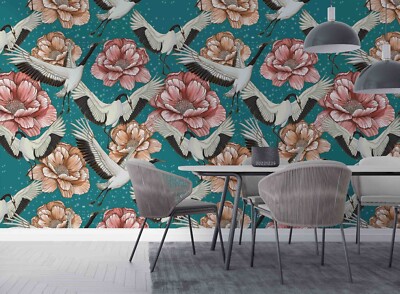 3D Flower Crane Watercolor Pattern Self-adhesive Removable Wallpaper Murals
