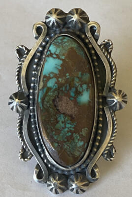 Signed Apache Sterling Silver Pilot Mountain Turquoise Ring Size 7 1/2