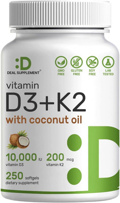 Vitamin D3 10,000 IU + K2 MK7 200 Mcg, Infused with Virgin Coconut Oil, 250 S...
