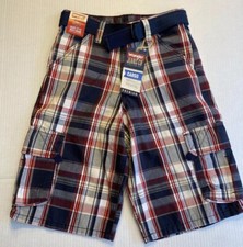 Wrangler Shorts Boys Youth 12 Plaid Cargo Hiking Party Blue Belt Red White Blue