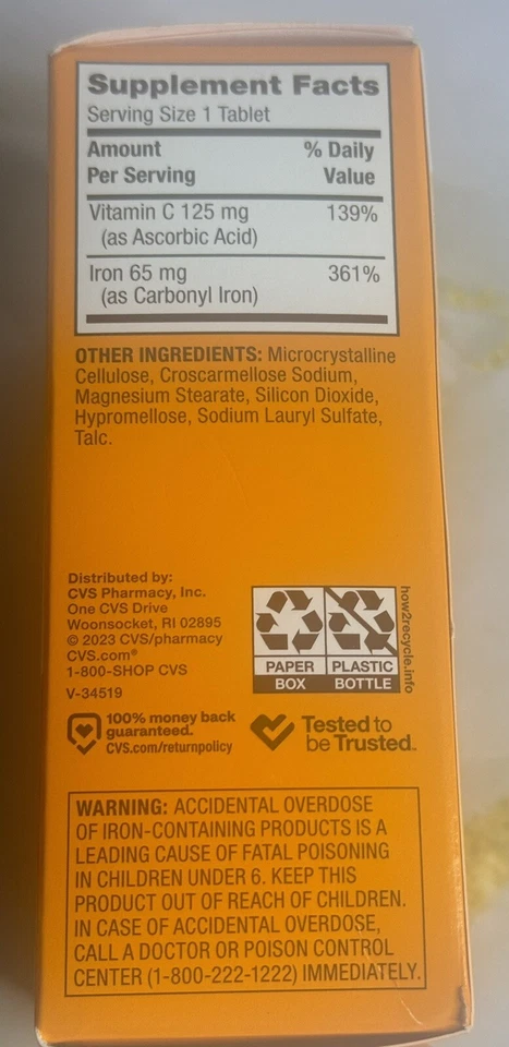 CVS Hierro + Vitamina C Carbonilo Hierro Suplemento 60 Comprimidos Exp 3/26 Nuevo Foto 2 de 4