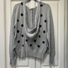Anthropologie YOON Hooded Sweater L Grey W Navy Green Polka Dots