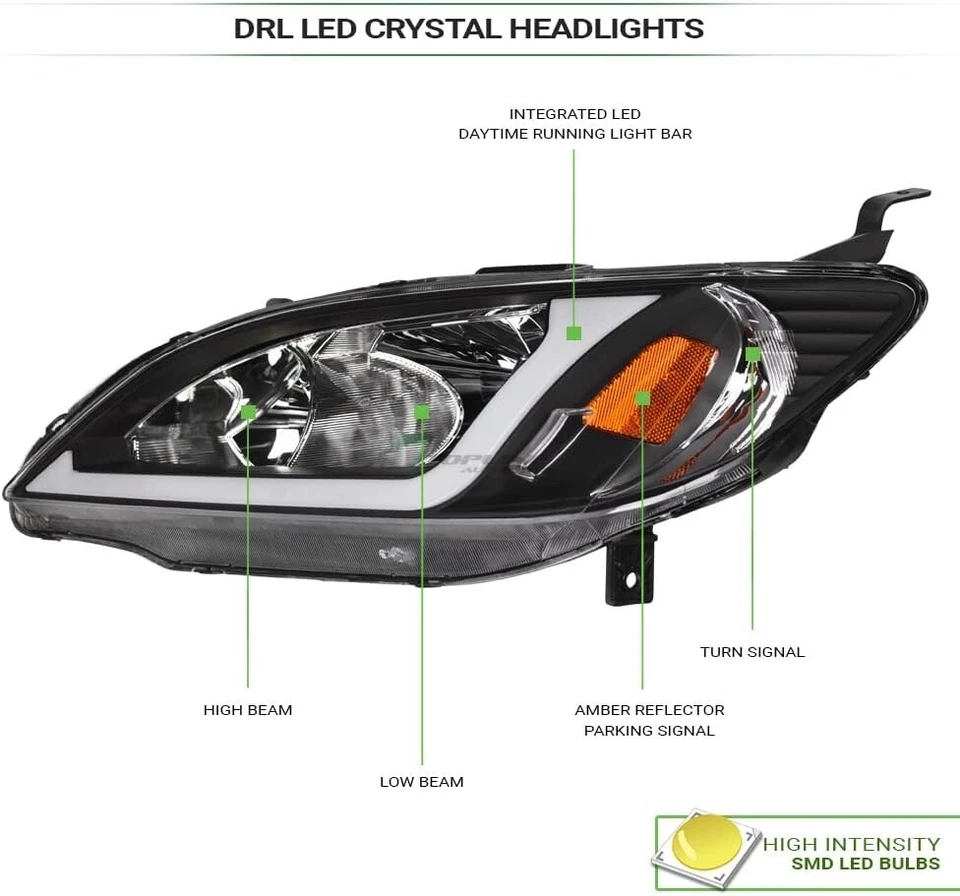 For 2004-2005 Honda Civic 2/4 Door Headlights Front Black Housing LED Tube Pair - Image 3 of 4