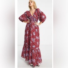 Free People Women's Golden Hour Maxi Dress Wine Combo Maroon Medium Boho Cotton
