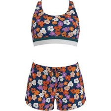 Floral Two Piece Tankini Swimsuit Set Racerback Top and Shorts Orange Purple 2XL