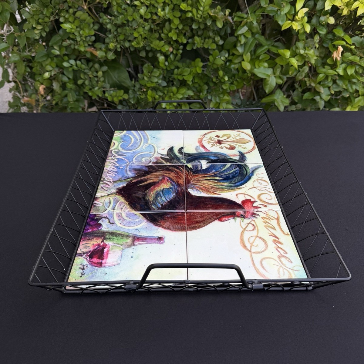 Geoff Allen Avignon Rooster Tile Tray 20.5” Metal Frame French