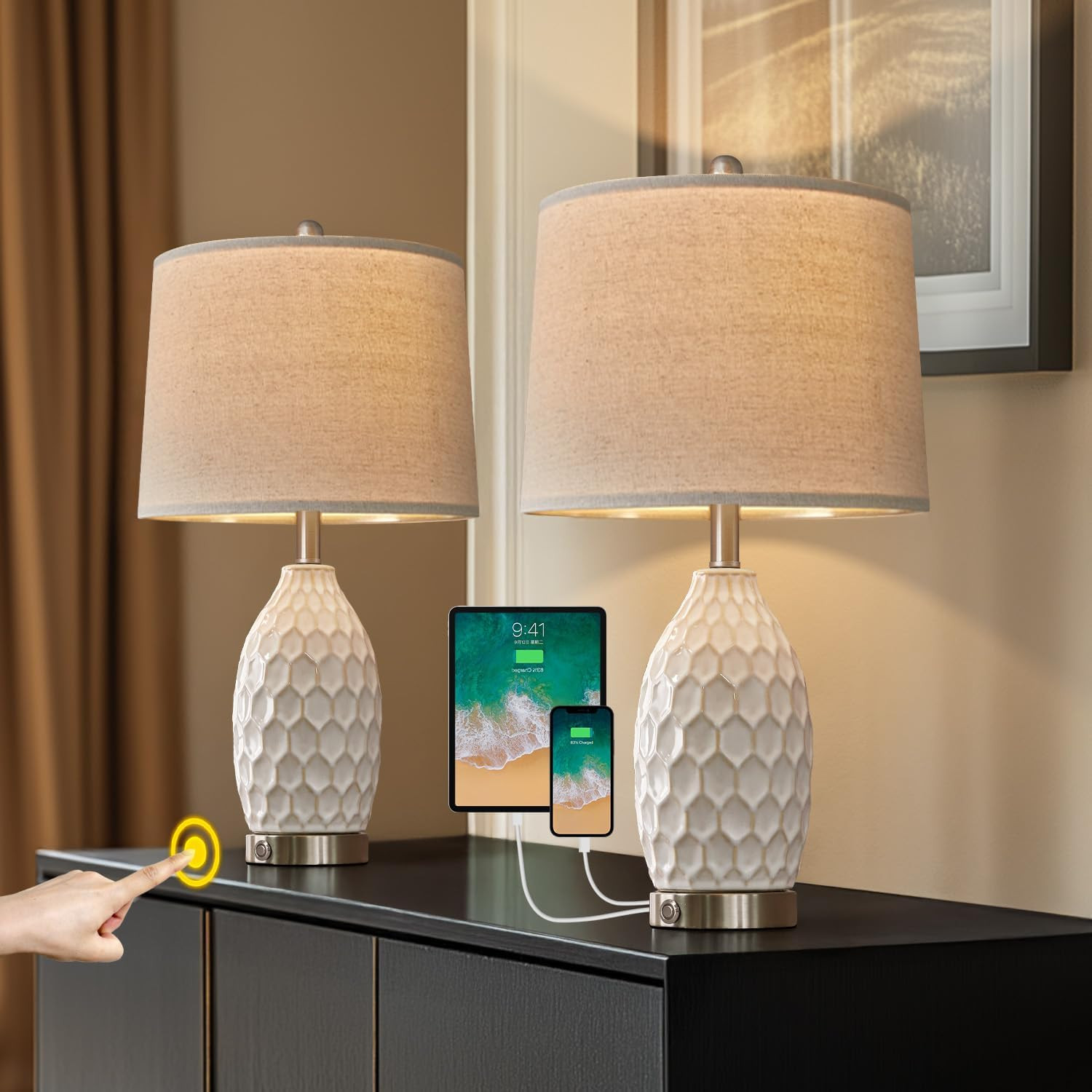 Set of 2 Honeycomb White 3-Way Touch Bedside Lamps for Bedrooms