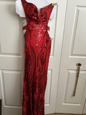 Red Formal Evening Gown with Cutout Sides and Sequin Detailing