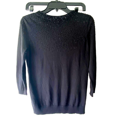 Woman s Black Beaded Wool Blend Sweater M Classic 3/4 Sleeve Casual Pullover
