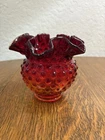 Vintage Fenton Ruby Red Hobnail Crimped Ruffled Vase 4.25”