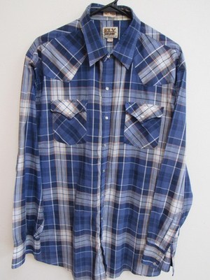 Ely Cattleman Blue Plaid Long Sleeve Pearl Snap Western Shirt XLT 17.5-37