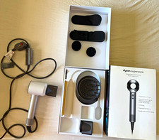 Dyson Supersonic Hair Dryer White/Silver w/ Attachments, Box Manual