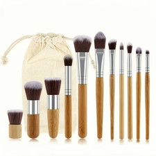 11pcs Natural Bamboo Handle Makeup Brushes Foundation Blending Make Up Tool Set
