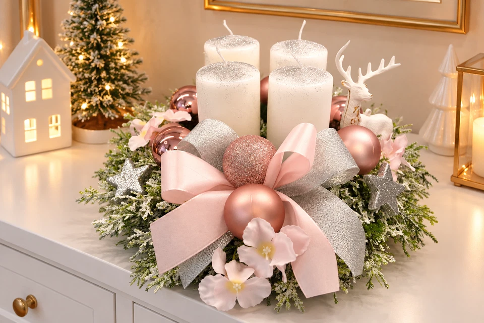 Adventskranz rosa weiß silber 35 cm künstlich Weihnachten Adventsgesteck Deko - Bild 1 von 3