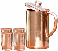 Pure Copper Water 1 Pitcher  Jug & 4 Glass Set Ayurveda Yoga Health Benefits
