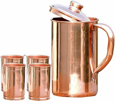 Reines Kupfer Wasser 1 Krug Kanne & 4 Glas Set Ayurveda Yoga Gesundheitliche ...