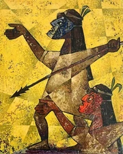 1959 Cubist Primitive Oil Painting Maya Hunting Art 50s Mid-Century Yellow MCM