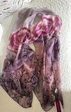    100 SILK SHEER VOILE SCARF 66 x 20 inch Lavender Roses Floral Abstract NEW