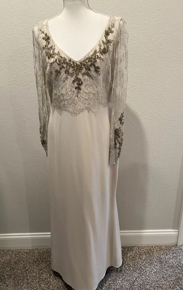 Badgley Mischka Nude Beige Evening Gown Lace Beaded Bodice Formal Dress Size 12 - Image 2 of 4