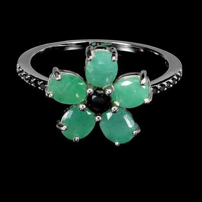 NATÜRLICHER SMARAGD & SCHWARZER SPINELL RING 0,925 STERLINGSILBER 14K WGP GRÖSSE 9