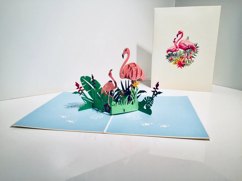 Tarjetas Pop Origami Rosa Flamencos Madre y Bebé 3D Pop Up Tarjeta de Felicitación 12x17cm Foto 2 de 4
