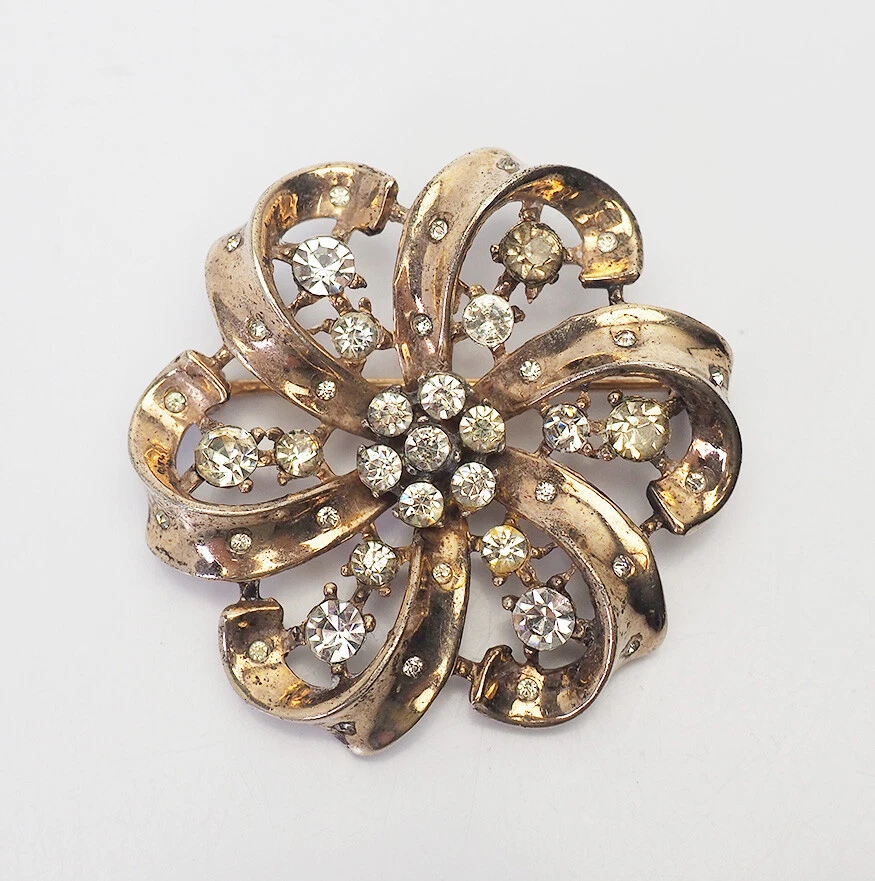Vintage sterling silver crystals round ornate pin crown Trifari