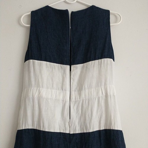 Armani Collezioni Shift Dress 40/S Navy Blue White Colorblock 100% Linen Italy - Picture 6 of 10