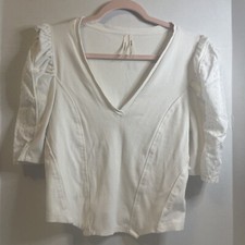Blusa Blusa Top Acanalada By Anthropologie Manga Abullonada Estructurada Cuello en V Talla Grande