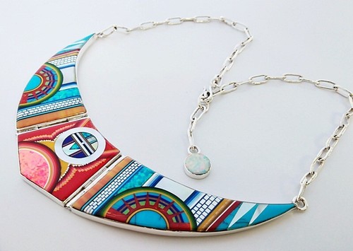 Gorgeous Multicolor Turquoise Spiny Sun God Channel Inlay .925 Silver Necklace - Picture 4 of 6