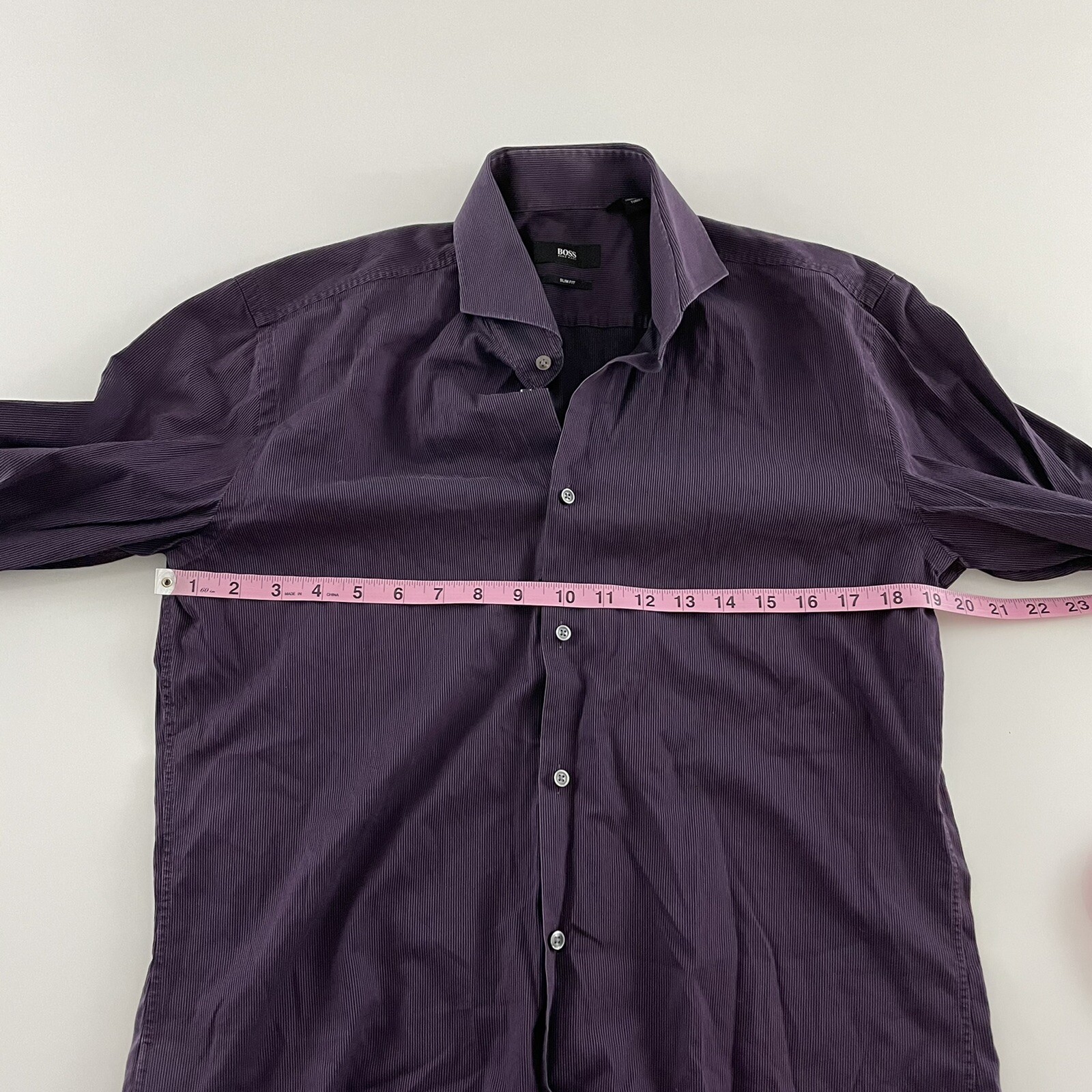 Hugo Boss Slim Fit Pinstripe Long Sleeve Button Front Shirt Men's 41/16 Purple thumbnail 5