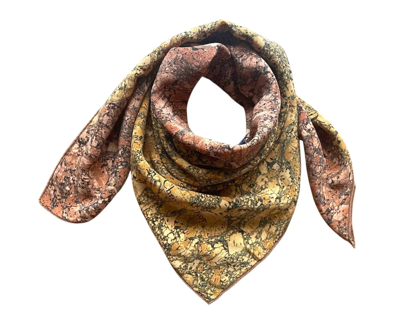 Incroyable foulard vintage Christian Dior en soie tons gris marron motif marbre