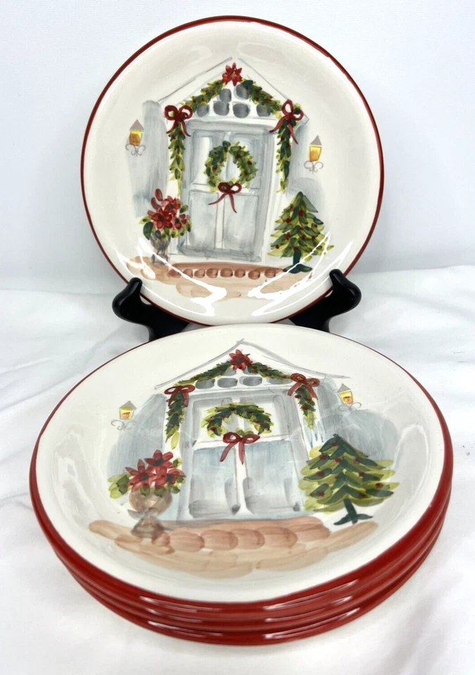 Maxcera Holiday Door Round Appetizer Salad Plates 8.25" Set 4 Christmas Wreath - Image 2 of 4