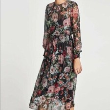 Zara Smocked Waist Chiffon Floral Women's Dress Black XS