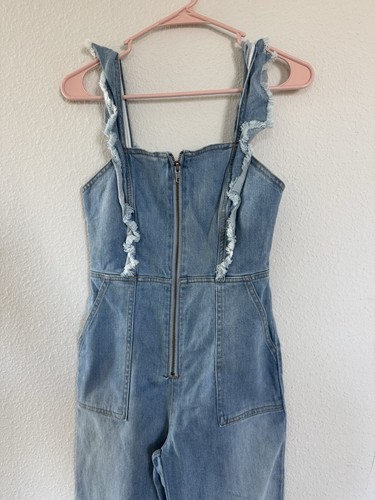 Alice und Olivia Denim Fransen Reißverschluss Cutout Jumpsuit Gr. 24 Freizeit Streetwear - Bild 3 von 9
