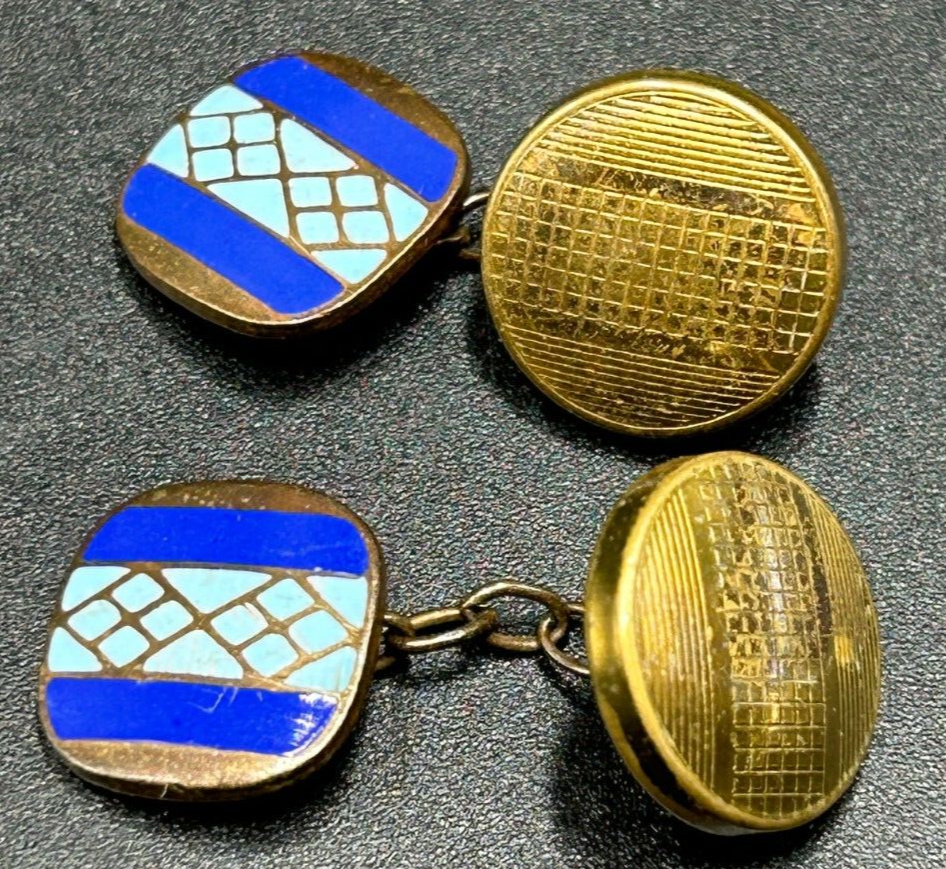 Blue Enamel Gilt Chain Link Cufflinks Made in England Vintage