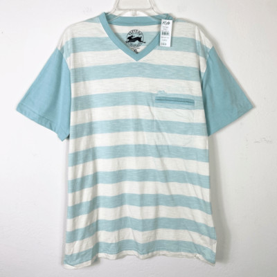 NWT At Lab Freedom Prosperity Randy White & Aqua Striped V Neck Tshirt Size XL