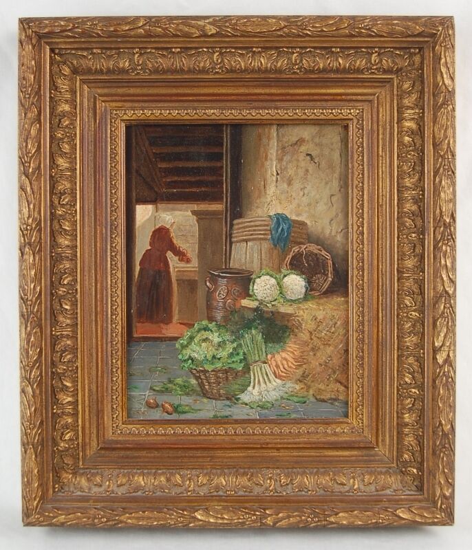 Antique Dutch Painting Woman Prepping Vegetables Kitchen Johannes Engel Masurel