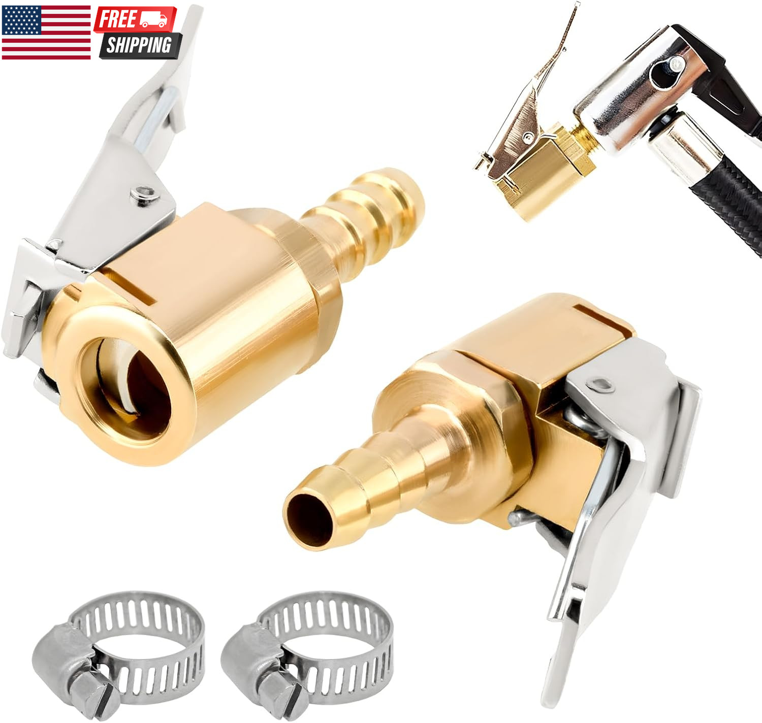 2 PCS Tire Air Chuck with Clamps Brass Tire Inflator Hose Ad