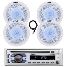 Pyle CD Bluetooth Receiver, 4x 5.25" 180W Blue Flash LED White Speaker, Antenna