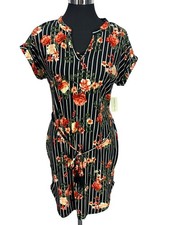 Black Floral & Stripe Short Sleeve Belted Dress With Lace Back Medium