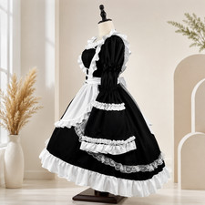 Plus Size Maid Style Costume Dress Black White Apron Sleeves Headdress Set