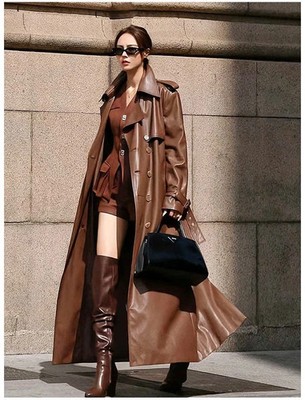 Stylish Women's Trench Coat Brown Genuine Party Wear Handmade Lambskin Leather