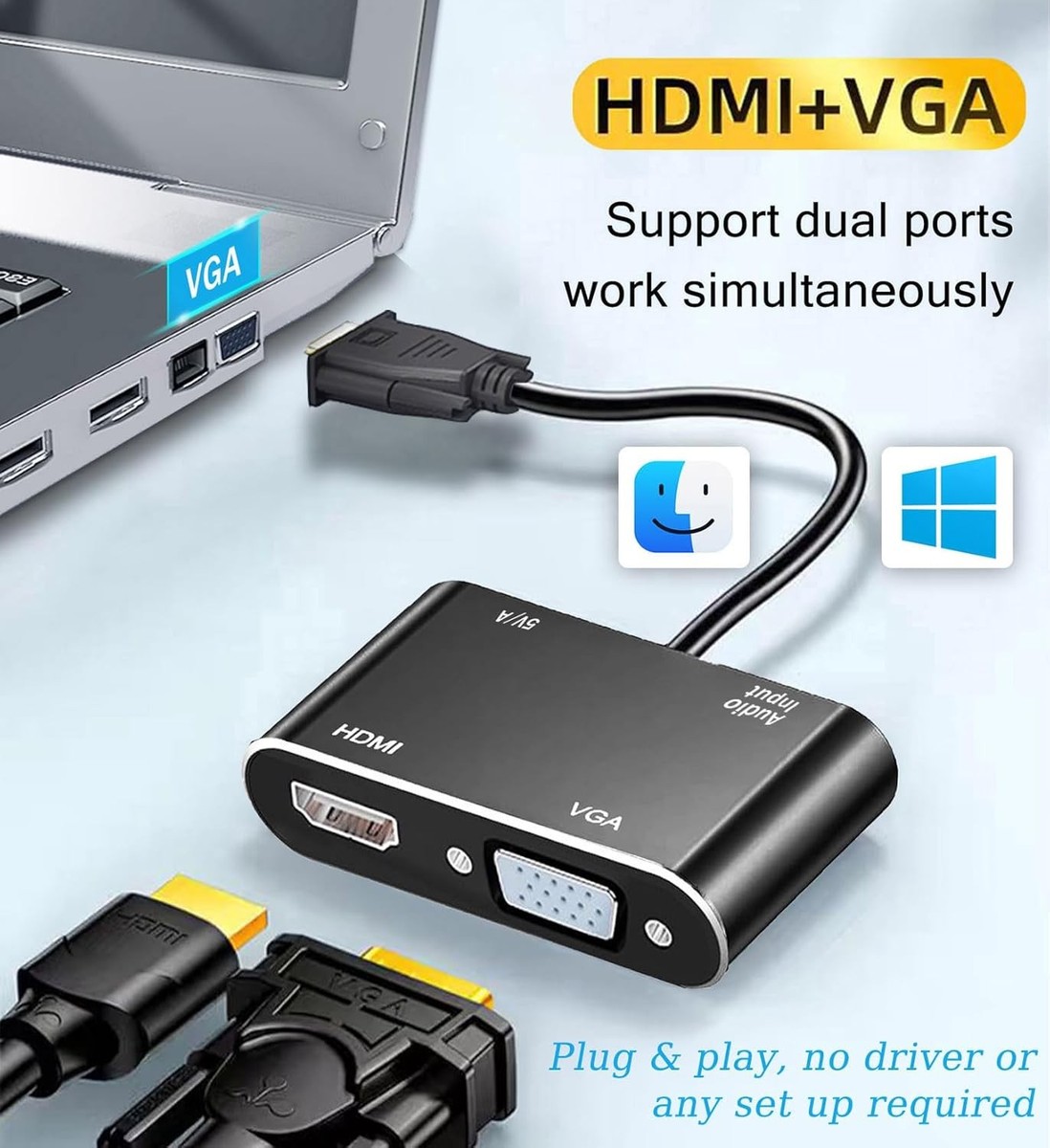 VGA to HDMI+VGA Adapter for Dual Monitors, HDMI Splitter 2 in