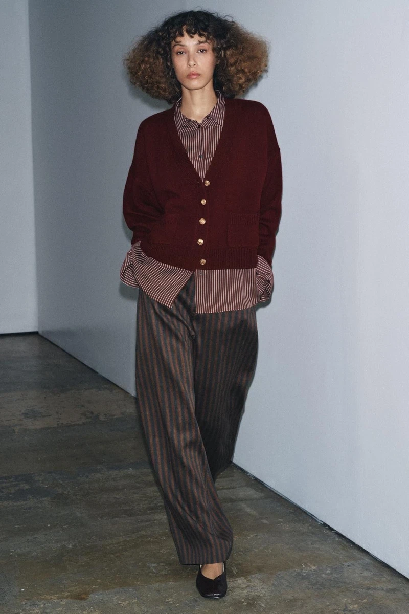 Zara 100% RWS Wool Jacket Cardigan – Maroon, Gold Buttons, Size Small NWT