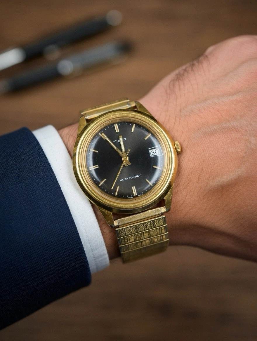 Vintage Timex Marlin Gold Mens Date Watch Mechanical Black Dial Parts and Repair Timex Marlin Watch 27629 10479 [1979] | Vintage Timex Watches main image 3
