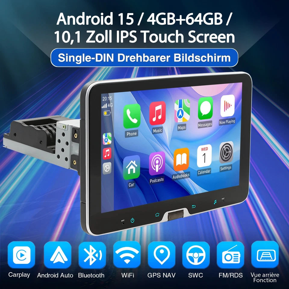 DAB+ 1DIN Autoradio Android 15 4+64GB Carplay Kamera BT drehbarer Bildschirm GPS - Bild 2 von 4